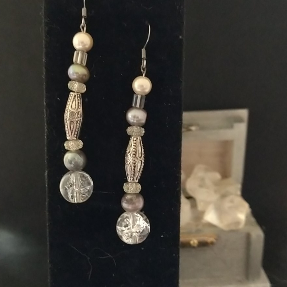 Freshwater pearl Bali and crystal ball earrings